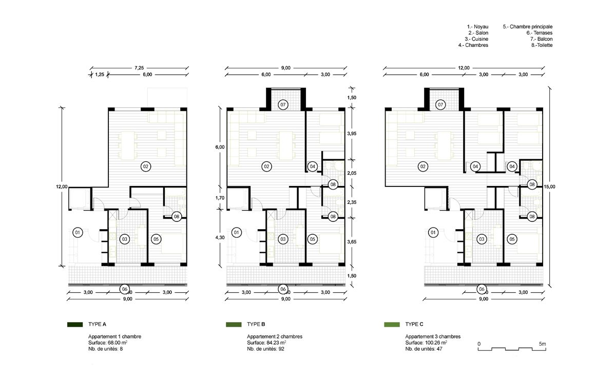 AQSO arquitectos office. Plantas de distribución de los apartamentos. Espacios funcionales, habitaciones rectangulares y modulación flexible.