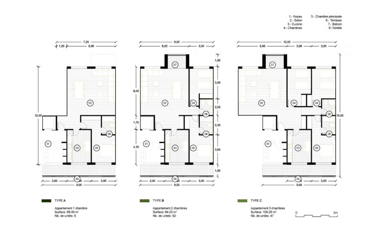 AQSO arquitectos office. Plantas de distribución de los apartamentos. Espacios funcionales, habitaciones rectangulares y modulación flexible.