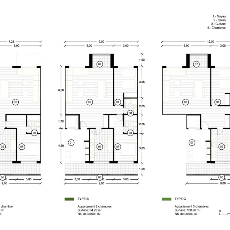 AQSO arquitectos office. Plantas de distribución de los apartamentos. Espacios funcionales, habitaciones rectangulares y modulación flexible.