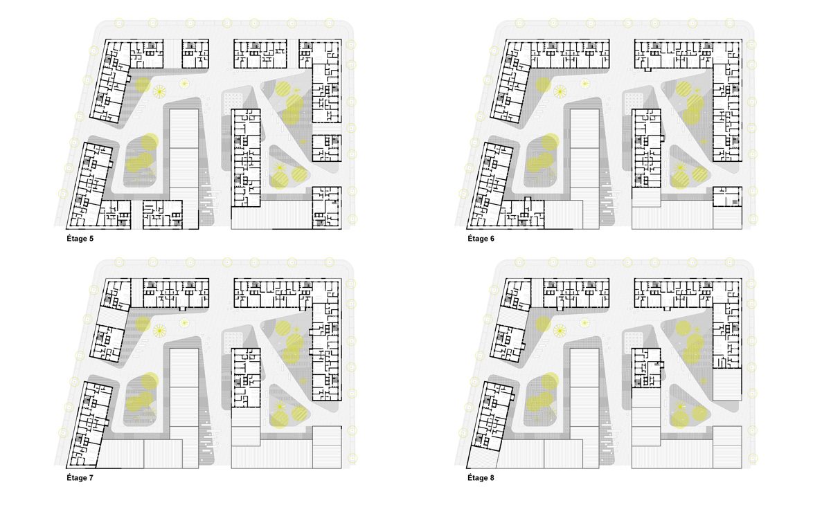 AQSO arquitectos office. Superior floor plan layouts, landscape design surrounded by flat blocks. Technical drawing.