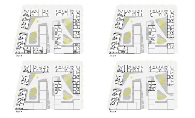 AQSO arquitectos office. Plantas de distribución superiores, diseño de paisaje rodeado de bloques de apartamentos. Dibujo técnico.