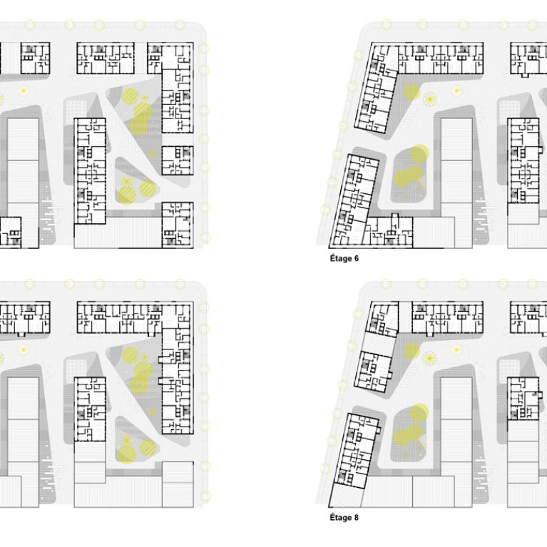 AQSO arquitectos office. Plantas de distribución superiores, diseño de paisaje rodeado de bloques de apartamentos. Dibujo técnico.