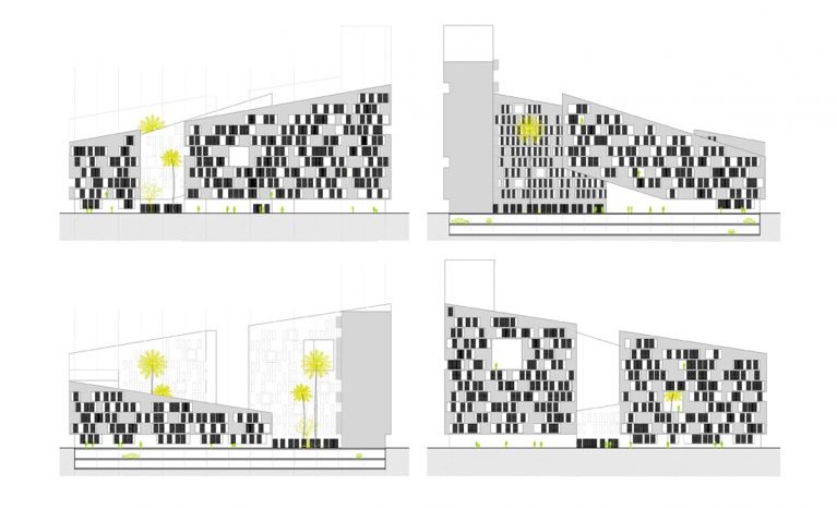 AQSO arquitectos office. Los alzados exteriores muestran un patrón singular formado por los largos balcones y los paneles correderos que los protegen del sol.