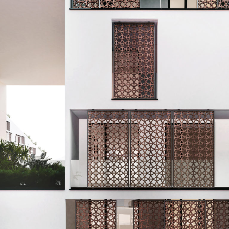aqso arquitectos office. El diseño simple y elegante de la fachada combina balcones en corredor protegidos con paneles de madera y grandes huecos para espacios exteriores, luz y ventilación.