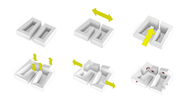 aqso arquitectos office, concept diagram for the housing project in Morocco. The building massing morphs to adapt to the site conditions enclosing two big courtyards and transforming the city skyline