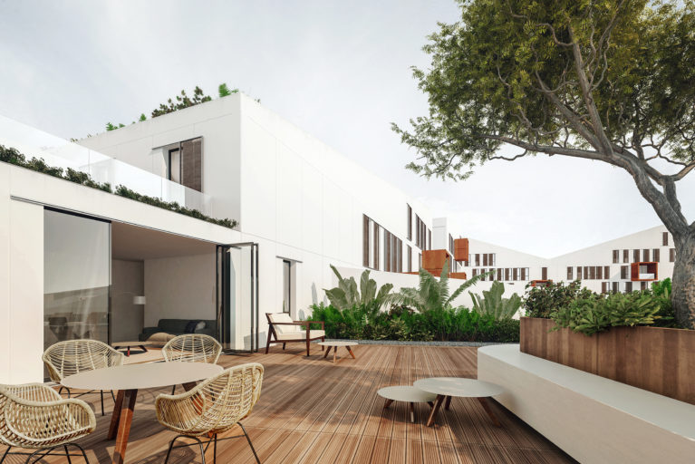 aqso arquitectos office. La terraza de la cubierta ofrece zonas para sentarse, lounges, mesa para comer y solarium. El salón de la vivienda abre sus grandes ventanales hacia el espacio exterior con pavimento de madera.