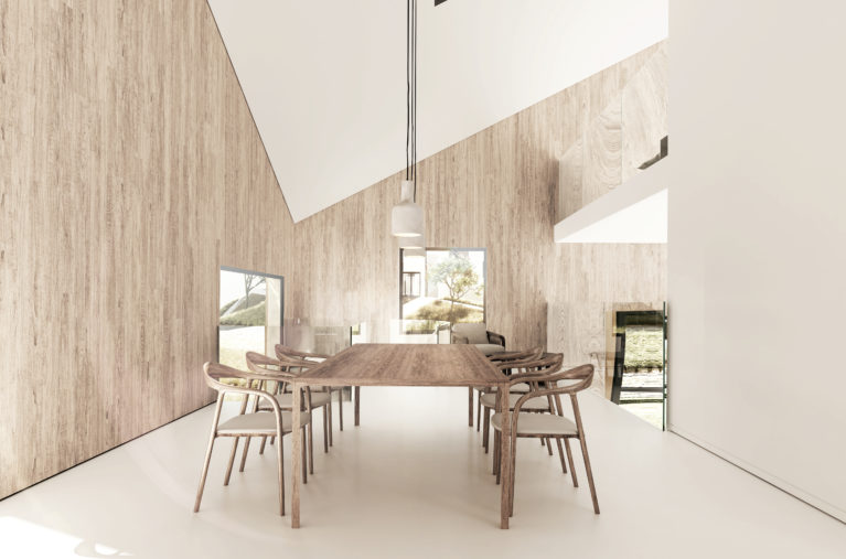 aqso arquitectos office, espacio de doble altura, comedor, techo triangular, forro de madera, lámparas de hormigón, niveles conectados visualmente, suelo blanco, líneas de sombra