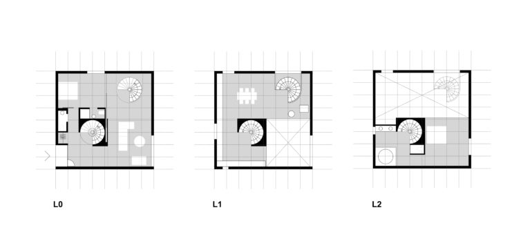 aqso arquitectos office, typical floor plan, resort space planning, villa internal distribution, spiral staircase, double heigh space, cube house, square module