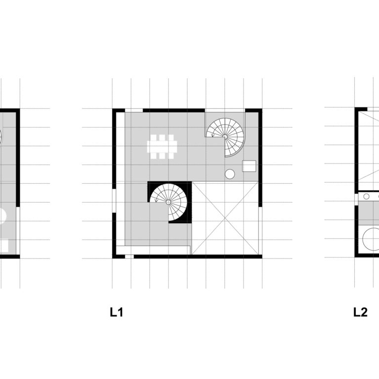 aqso arquitectos office, planta tipo, planeamiento del espacio, distribución interna de la villa, escalera de caracol, espacio de doble altura, casa cubo, módulo cuadrado
