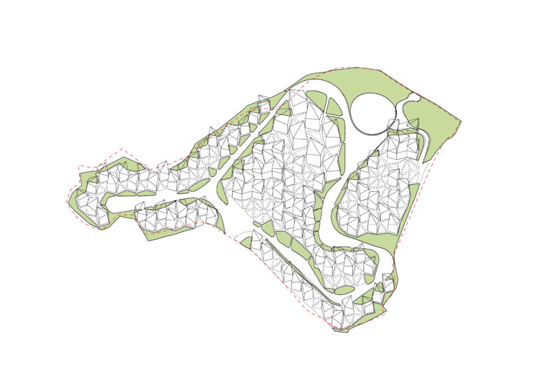 aqso arquitectos office, pixelated landscape, concept diagram, road system, triangular roofs, quartz crystal, topographic transformation, hill, green, hardscape, softscape