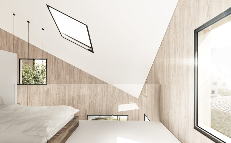 aqso arquitectos office, bedroom, triangular roof, skylight, luminous space, white flooring, sleep in the forest, hotel in the mountain, luxury outdoors