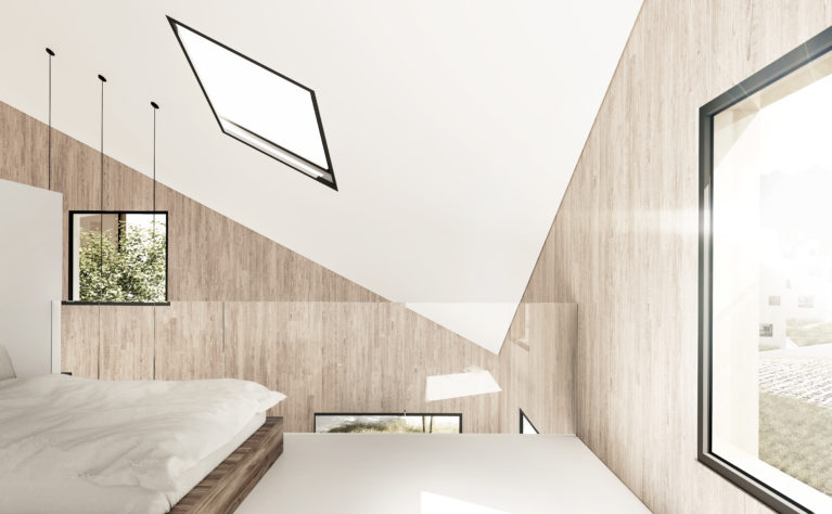 aqso arquitectos office, dormitorio, techo triangular, luz cenital, lucernario, espacio luminoso, suelo de resina blanca, dormitorio en el bosque, hotel de montaña, lujo