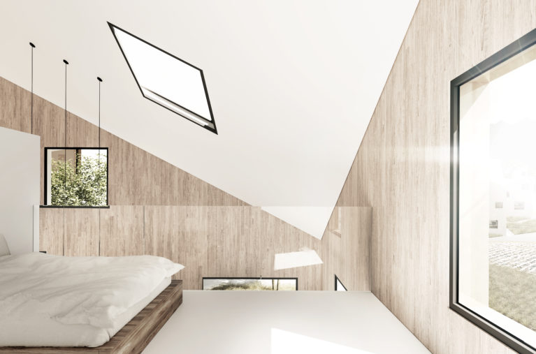 aqso arquitectos office, bedroom, triangular roof, skylight, luminous space, white flooring, sleep in the forest, hotel in the mountain, luxury outdoors