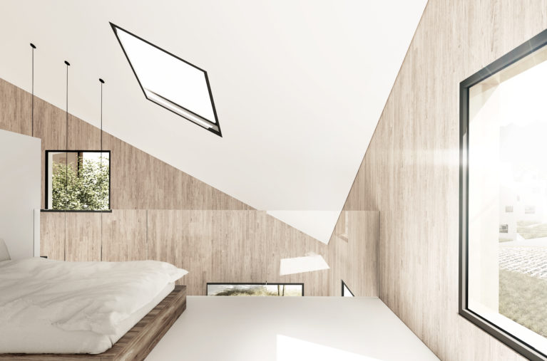 aqso arquitectos office, dormitorio, techo triangular, luz cenital, lucernario, espacio luminoso, suelo de resina blanca, dormitorio en el bosque, hotel de montaña, lujo