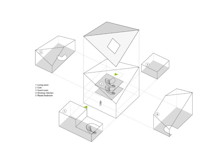 aqso arquitectos office, house diagram, axonometric view, exploded 3d view, uses, spiral staircase, home spaces breakdown, room size, cool graphics