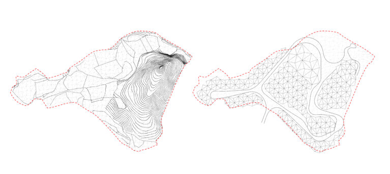 aqso arquitectos office, análisis topográfico del terreno, curvas de nivel, diagrama conceptual, superficie racional, malla simplificada, modelo 3d, cálculo de carreteras, terraplén y talud, transformación del terreno, masterplan