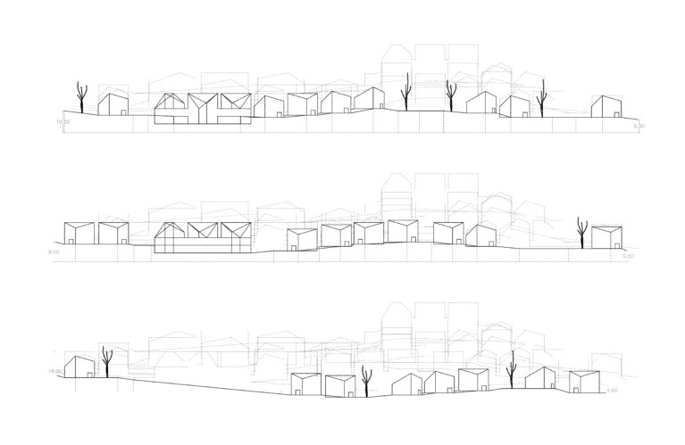 aqso arquitectos office, terrain sections, topographic analysis, building settlements, views study, roads, landscape, longitudinal section