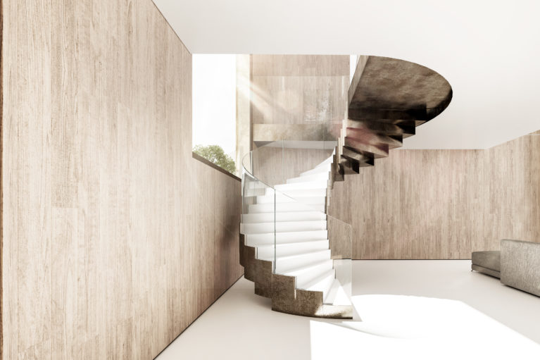 aqso arquitectos office, escalera de caracol, barandilla de vidrio curvado, escalones de latón, suelo de resina blanca, paredes forradas de madera, escalera escultórica, apertura hacia el paisaje
