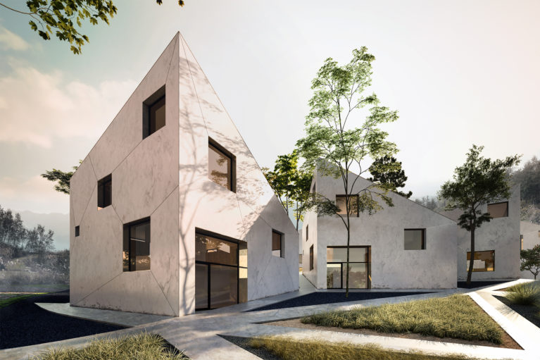 aqso arquitectos office, resort villas, concrete facade, garden, triangle, mountains, diagonals, windows, polished concrete