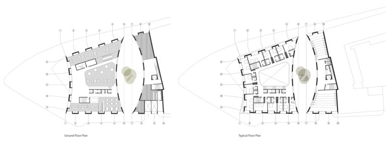 AQSO arquitectos office. Las plantas del edificio muestran las habitaciones del hotel en torno al atrio, así como la zona comercial y aparcamiento.