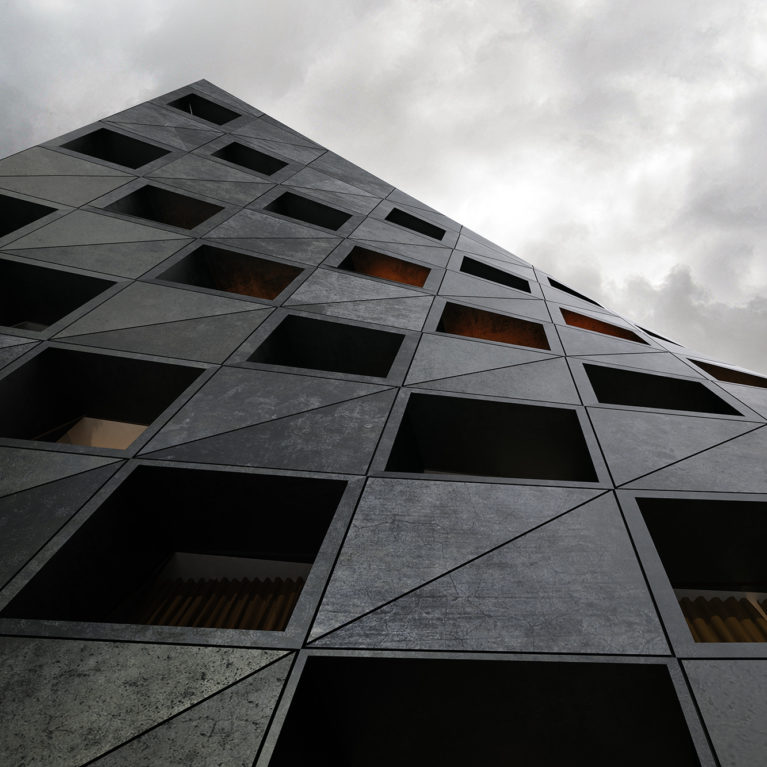 AQSO arquitectos office. Facada prefabricada de hormigón ligero que forma una superficie reglada. Cada una de las ventanas corresponde a una habitación de hotel.
