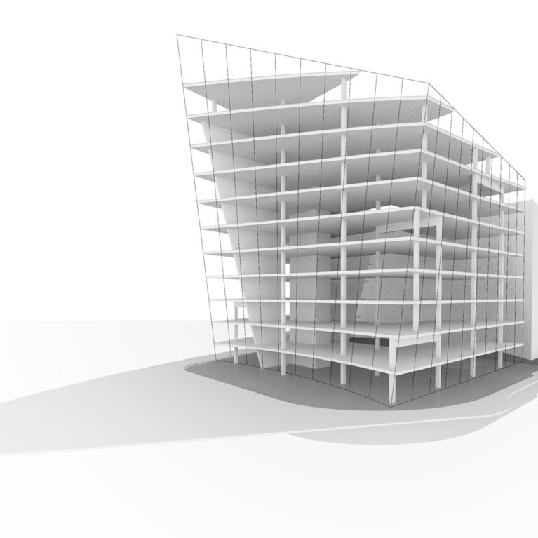 AQSO arquitectos office. El sistema estructural del edificio se basa en una espina de hormigón armado sobre la se sustenta un sistema de pórticos y pilares convencional.