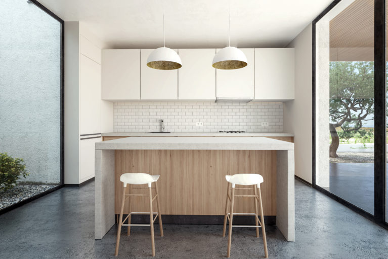 aqso arquitectos office, open kitchen, concrete countertop, kitchen island, timber stools, brass pendants, concrete floor, full-height glazing, metro tiles, white cabinets