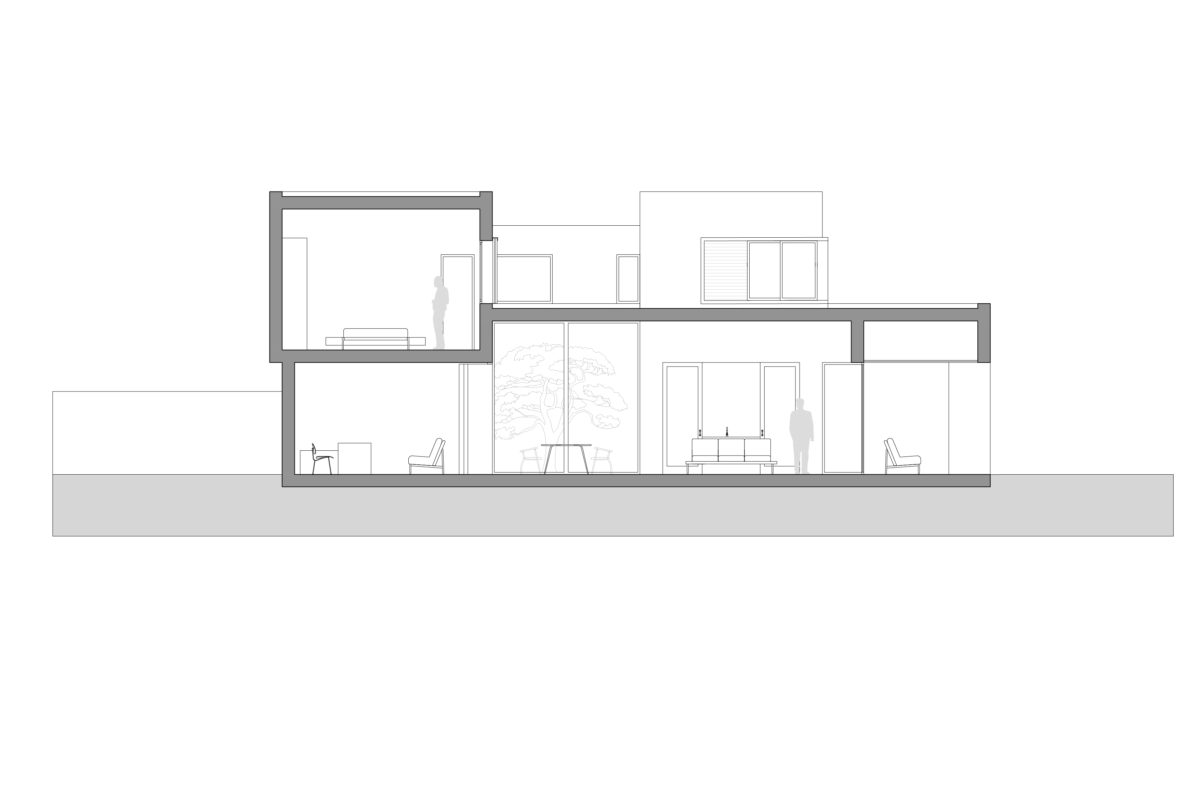 aqso arquitectos office, section, courtyard house, technical drawing, living room, ceiling heights, windows, elevation, villa, singe family house