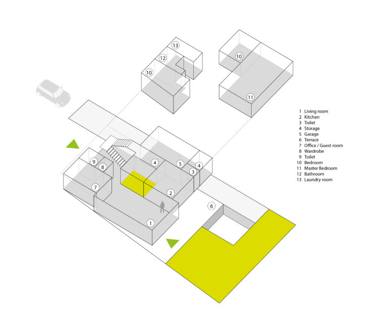 aqso arquitectos office, house, axonometric view, space planning diagram, use, form and function, access point, driveway, rear garden