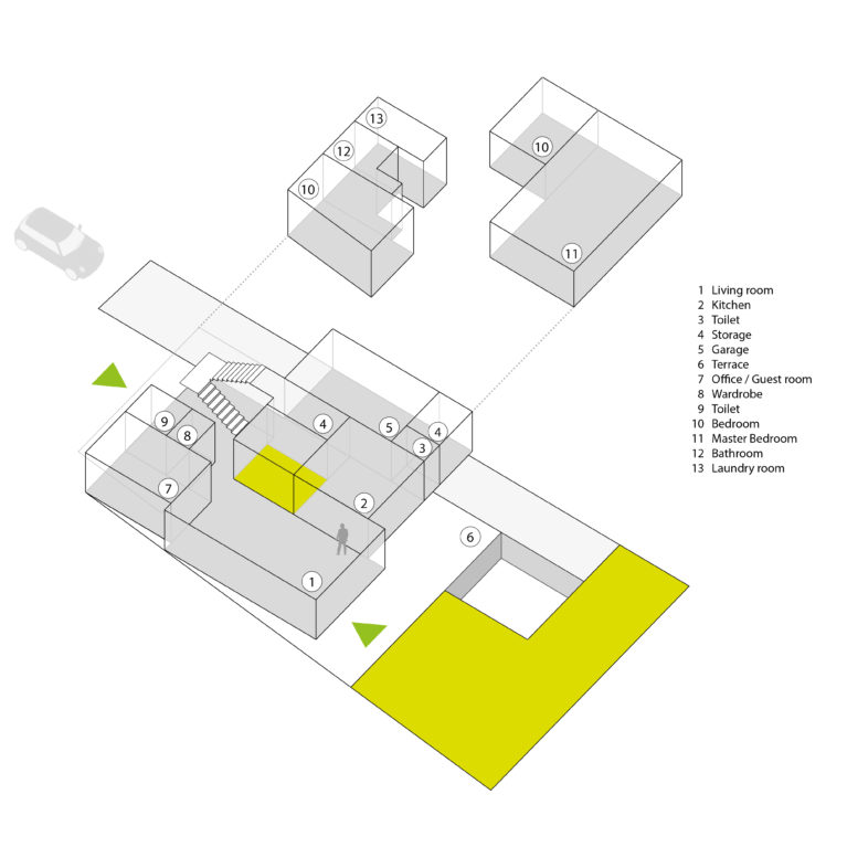 aqso arquitectos office, house, axonometric view, space planning diagram, use, form and function, access point, driveway, rear garden