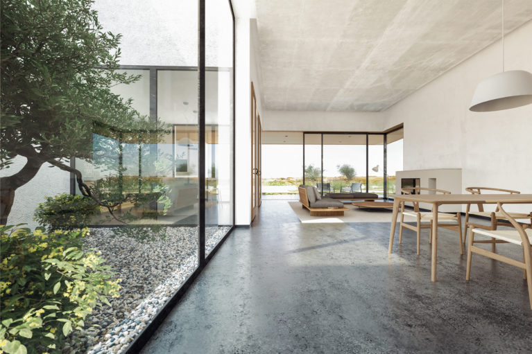 aqso arquitectos office, courtyard house, olive tree, open plan living room, double heigh space, dinning area, big glazing, concrete ceiling, nature at home