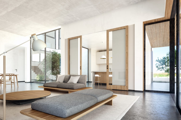 aqso arquitectos office, residential interior design, grey upholstery, concrete floor, oak timber, glass sliding doors, plywood sofa, summer house, casual furniture, open kitchen