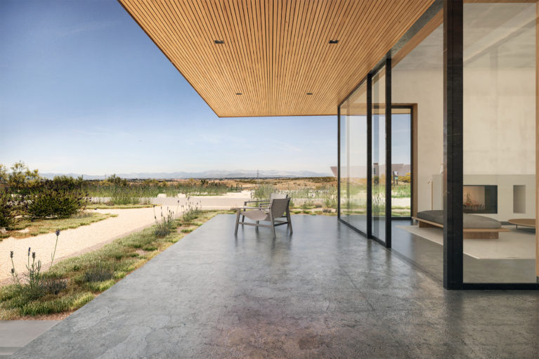 aqso arquitectos office, cantilever, canopy, open living room, viewpoint, polished concrete, timber slatting, external grade, spacious, comfortable, landscape view