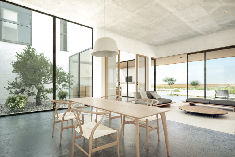 aqso arquitectos office, courtyard house, olive tree, living room, dining, open plan, concrete floor, asian inspired chairs, light and architecture, big glazing, sliding doors, madrid landscape