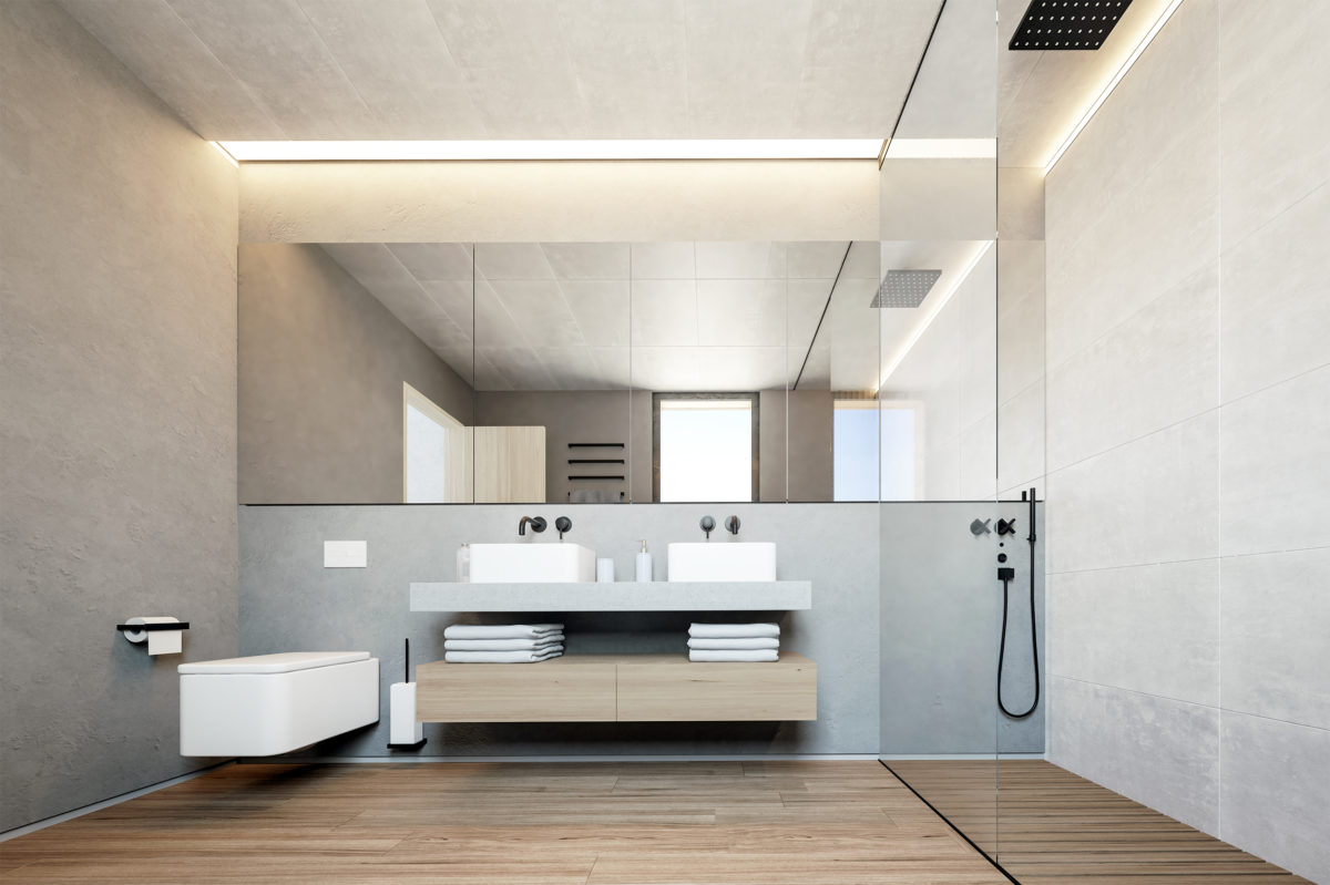 aqso arquitectos office, master bedroom, ensuite toilet, roca element series, suspended vanity unit, timber shower tray, recessed lighting, timber flooring, moroccan stucco