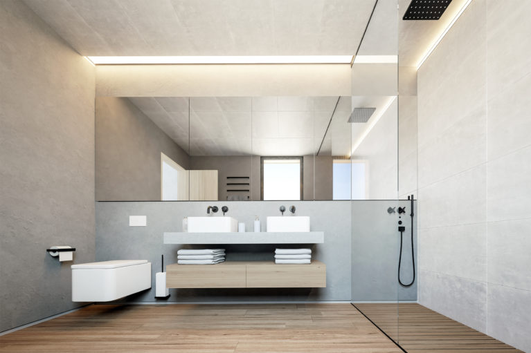 aqso arquitectos office, dormitorio principal, baño, sanitarios roca serie element, mueble de lavavo suspendido, plato de ducha de madera, luces integradas, suelo de madera, stuco marroquí