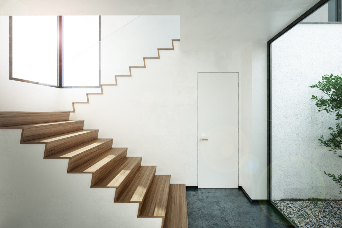 aqso arquitectos office, staircase, timber flooring, minimal door, frameless door, courtyard, luminous interior, enjoy the view while climbing the stairs