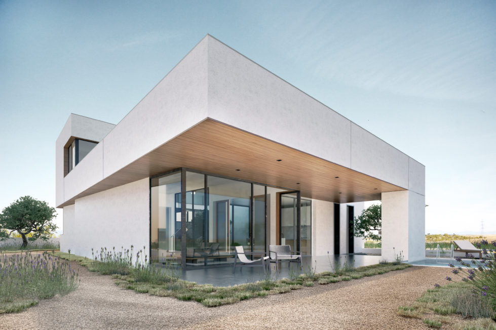 aqso arquitectos office, pedraza house, cantilever, timber lining, open living room, mediterranean garden, gravel, white render, iconic image, view point