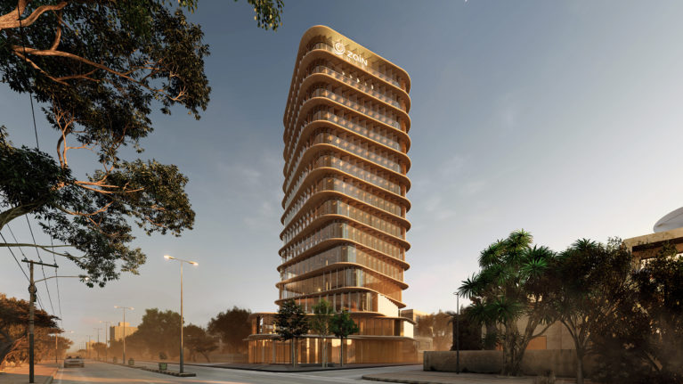 AQSO arquitectos office, esta torre retorcida se convierte en un hito del paisaje. La fachada de cristal hecha de lamas refleja el sol de la mañana