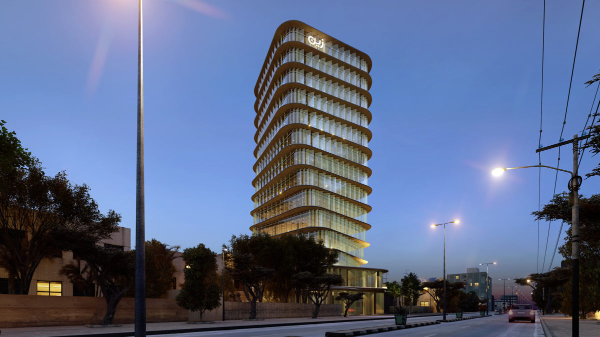 AQSO arquitectos office, night view of the illuminated tower, glass facade and illuminated sign