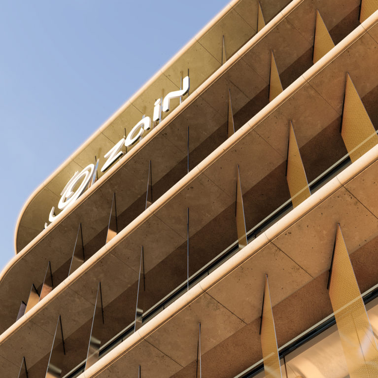 AQSO arquitectos office. Imagen del último piso de la torre, donde se aprecia el cartel luminoso con la marca de Zain.