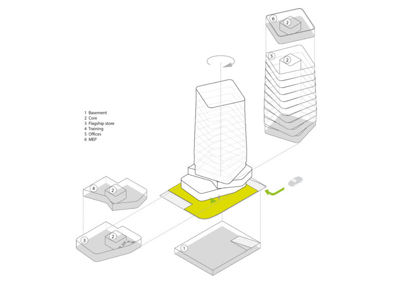 AQSO arquitectos office. This axonometric drawing shows the different parts of the tower and the uses of each floor.