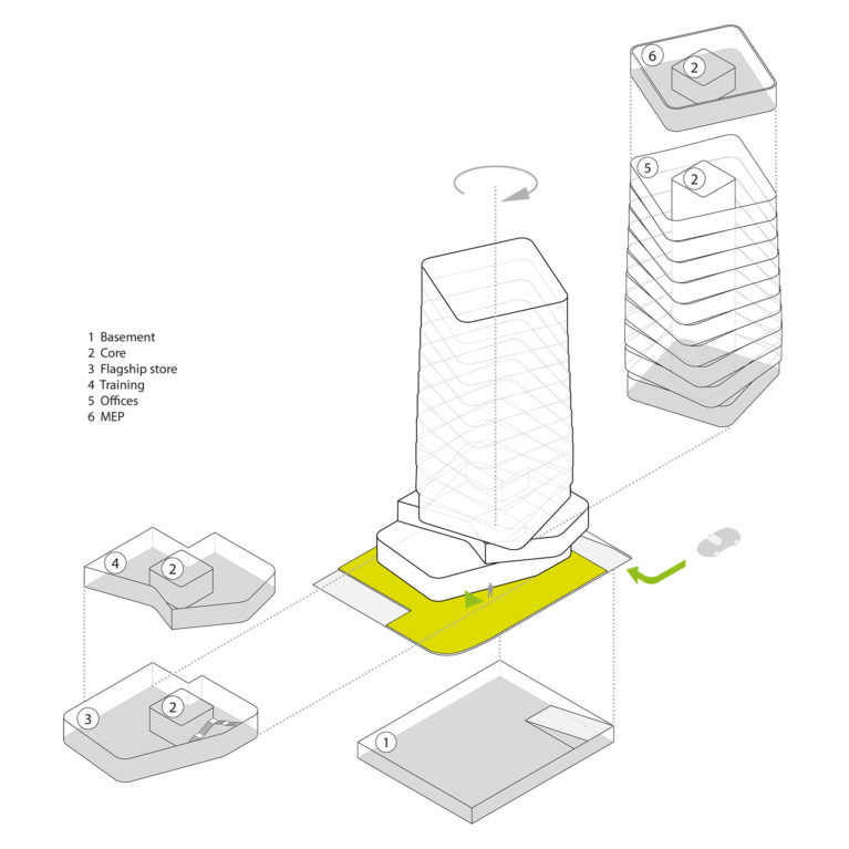AQSO arquitectos office. Este dibujo en axonometría muestra las diferentes partes de la torre y los usos de cada piso.