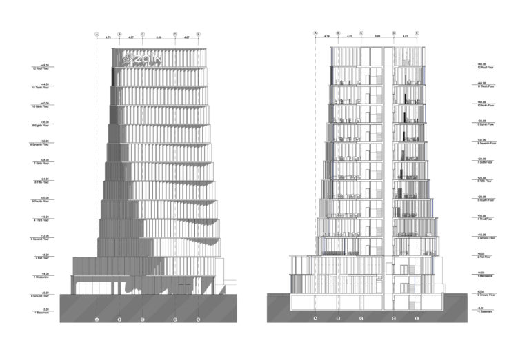 AQSO arquitectos office, dibujo técnico del alzado y la sección del edificio, donde se muestran los niveles, alturas y composición de la fachada.