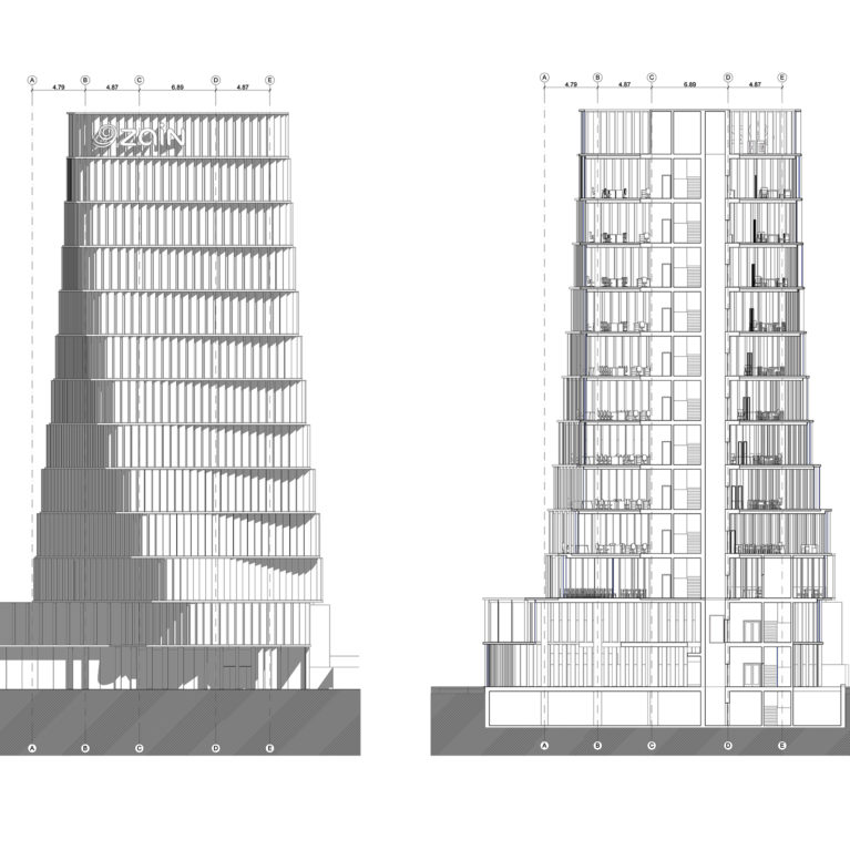 AQSO arquitectos office, dibujo técnico del alzado y la sección del edificio, donde se muestran los niveles, alturas y composición de la fachada.