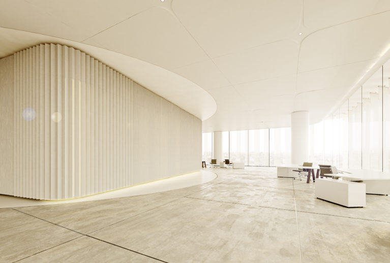 AQSO arquitectos office. Interior de la planta tipo, el núcleo central está revestido con paneles cerámicos verticales. El suelo es de hormigón pulido.