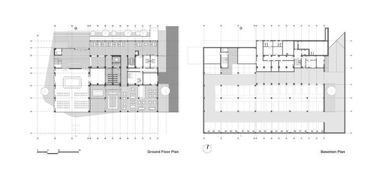 aqso arquitectos office. Distribución espacial de las plantas tipo. El aparcamiento subterráneo está cubierto por una intervención en el paisaje. La ampliación del edificio cuenta con una escalera adicional.