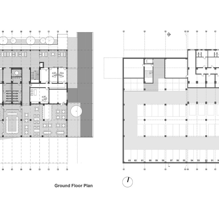 aqso arquitectos office. Space planning and layouts of the typical floor plans. The underground parking is covered with landscape. The extension has a new staircase.