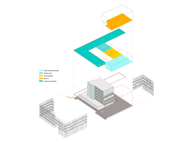 aqso arquitectos office. Axonometric view of the existing building, the new facade and the extension. Different uses of the space, including the restaurant, the multifunctional room and the offices.