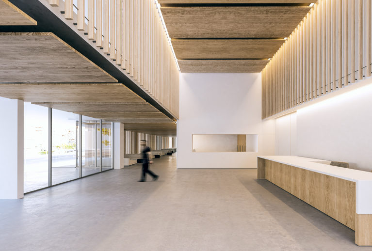 aqso arquitectos office, spacious entrance lobby of the public building. The timber slatting and white walls combine with concrete floors and glass walls. Modern reception desk.